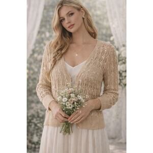Cache Ethereal Fairy Sequin Crochet Cardigan M Cream Romantic Cottagecore Boho